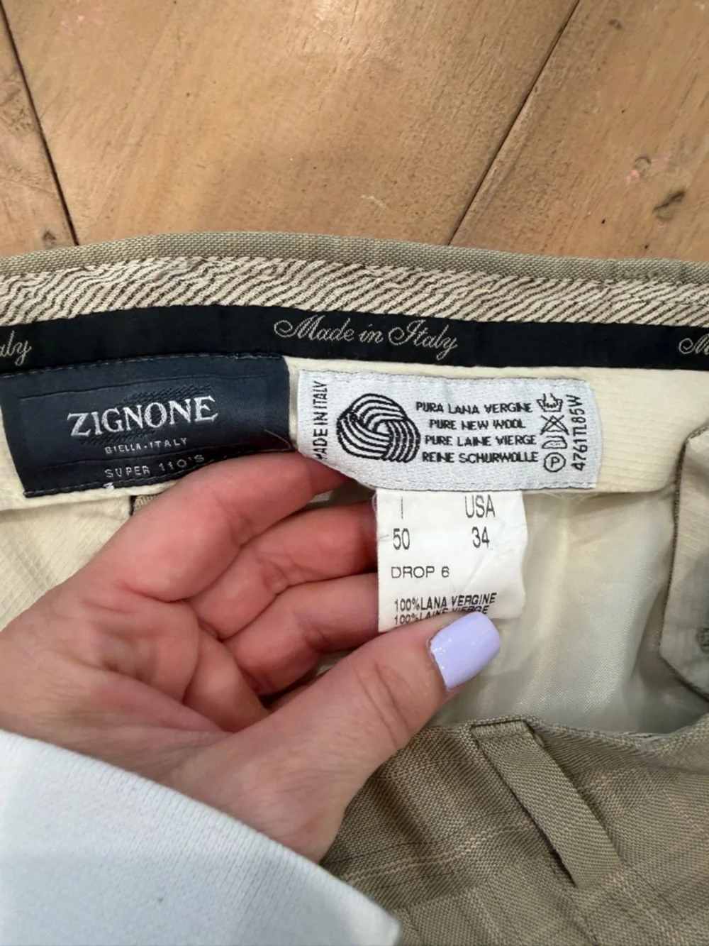 Vintage Zignone Men's Light Tan Plaid Dress Pants Made in Italy 34 Wool